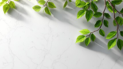 Lush Green Leaves on Light Marble Surface with Natural Shadows and Sunny Illumination