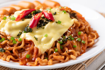 Korean spicy instant noodles with kimchi, sausage and Mozzarella cheese