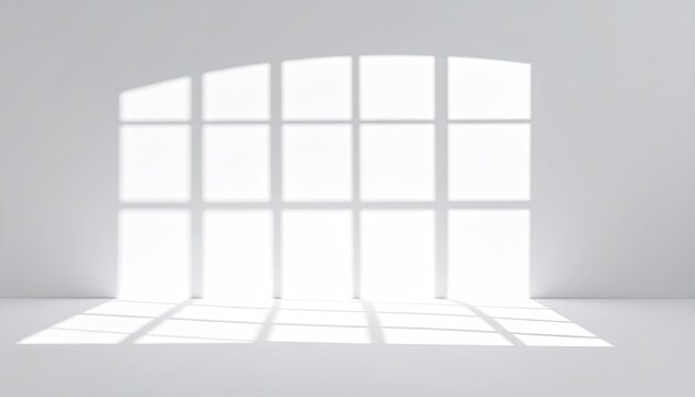 A bright, minimalistic white room features a large arched window with sunlight and shadows