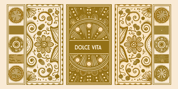 Art nouveau inspired dolce vita design with floral ornaments and citrus slices in golden hues