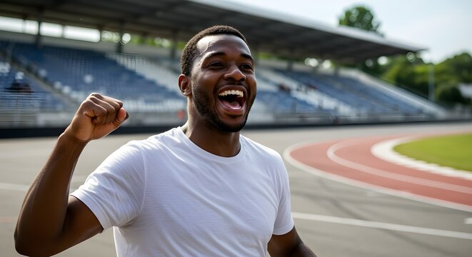 Athlete celebrating victory on running track with arms raised in triumph under bright stadium lights