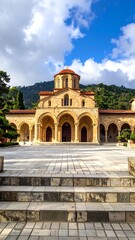 Obraz premium Exterior of a serene monastery. Sunlight bathes the building