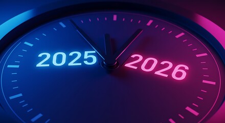 Clock face showing the time moving from 2025 to 2026 in a conceptual image.