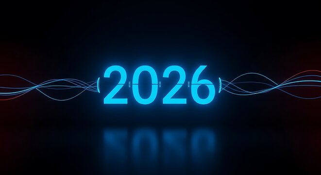 Glowing blue 2026 year with sound waves, on a dark reflective surface.