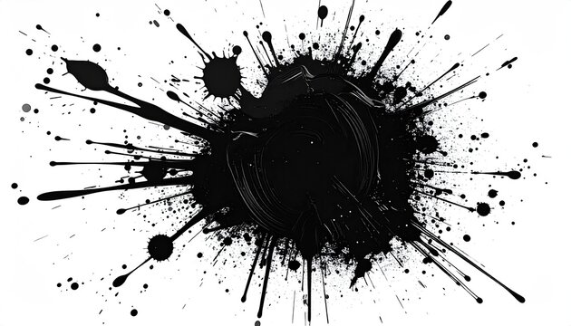 A black ink splat, center-focused, radiating lines and speckles against white - Powered by Adobe