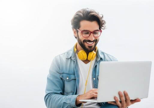 Smiling man with headphones and glasses working on a laptop isolated on white background