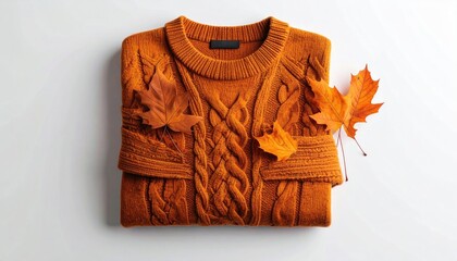 Folded orange knit sweater with cable design and autumn leaves on a white backdrop