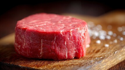 Raw Beef Steak on Wooden Board Close Up