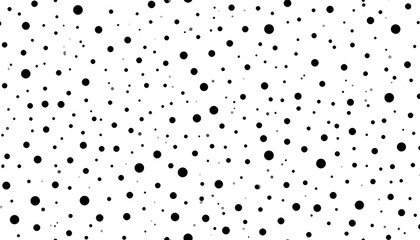 An abstract, repetitive pattern of black circles of varying sizes scattered across a white backdrop, forming a random distribution