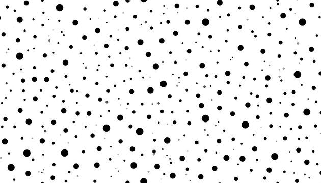 An abstract, repetitive pattern of black circles of varying sizes scattered across a white backdrop, forming a random distribution