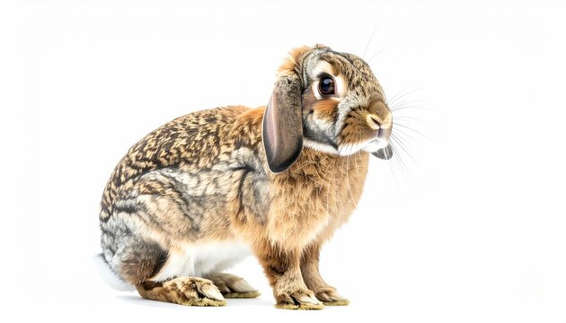 A tan and brown rabbit with floppy ears sits against a clean white background - Powered by Adobe