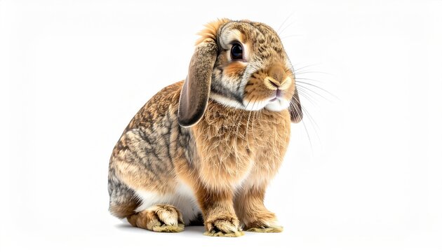 A fluffy, brown and tan lop-eared rabbit sits against a stark white background
