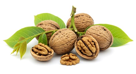 Fresh Walnuts with Green Leaves on White Background