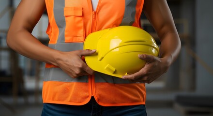 Close of female construction worker holding safety helmet at active building site outdoors