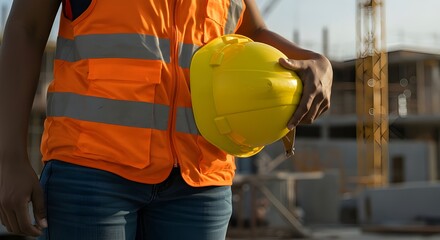 Close of female construction worker holding safety helmet at active building site outdoors
