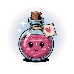 Sparkling love potion bottle, pink elixir, cork stopper with heart tag, glass shape, romantic magic vibe, vector design