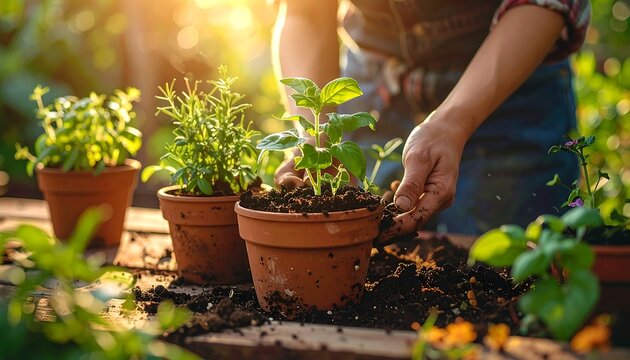 Hands planting herbs in terracotta pots outdoors