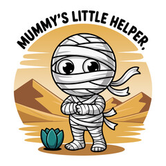 Mummys little helper design, smiling bandaged child, desert dunes, lotus accent, friendly Halloween theme, adorable spooky cartoon vector