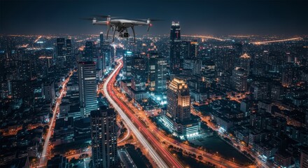 Naklejka premium A drone flies over a bustling city at night. Skyscrapers illuminate the skyline with bright lights. A busy road winds through the urban landscape.