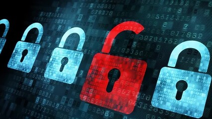 Open red padlock among closed blue padlocks on digital background 4k video - Powered by Adobe