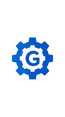 A stylized blue gear with a central 'G'