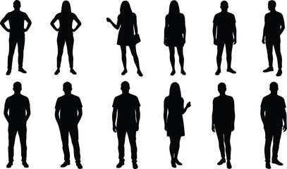 Silhouettes of men and women standing, diverse people group poses, casual lifestyle, shadow human figures, isolated character illustration design collectionSilhouettes of men and women standing, 