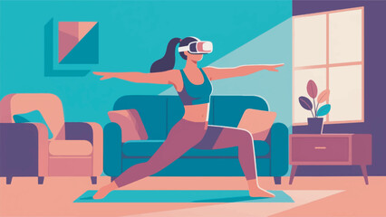 Illustration Of A Woman In Sportswear Using VR Doing Yoga Moves In The Living Room Vector Design Template