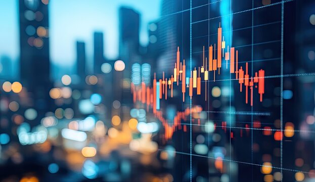 Financial data overlaid on cityscape at night - Powered by Adobe