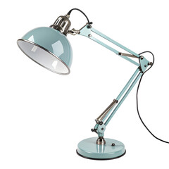 Adjustable light blue desk lamp isolated on white or transparent background