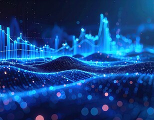 Abstract Blue Light Graph with Lines and Bars Visualizing Financial Data on Dark Background Creates Dynamic Digital Interface Pattern