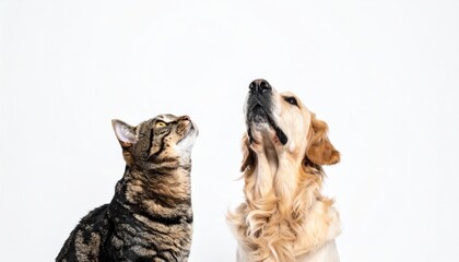 A tabby cat and golden retriever gaze upward against a stark white backdrop