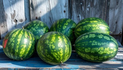 Fresh watermelons on a wooden surface