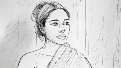 A woman wrapped in a white towel sitting inside a wooden sauna, soft warm glow from heated stones, steam rising gently, serene and meditative expression, cinematic close-up, rich warm tones with glowi
