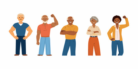 Diverse group of confident and strong senior adults standing together with pride and determination
