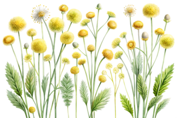 A vibrant watercolor illustration of yellow button flowers and green leaves isolated on white background