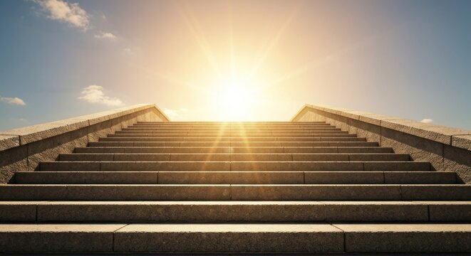 Wide shot of stone steps leading upwards to a bright sunlit sky