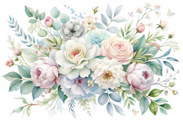 Beautiful watercolor floral arrangement with soft pastel roses and leaves isolated on white background