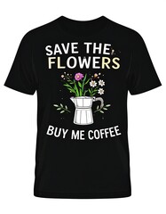Black t-shirt with a floral design and text