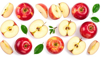 Overhead shot of various cut and whole red fruits and green leaves against a white backdrop