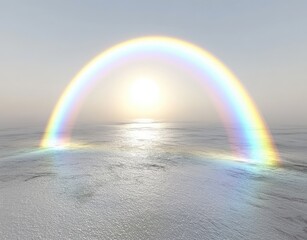 Rainbow spans a serene, sunlit sea
