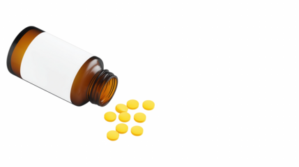 Amber medicine bottle with yellow pills left copy space