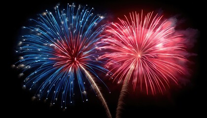 Obraz premium Two vibrant fireworks bursts, blue and red, against a black night sky