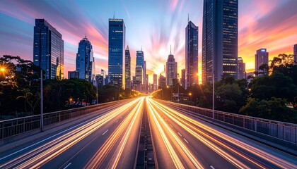 Obraz premium Captivating long exposure capturing vibrant city skyline with dynamic light trails