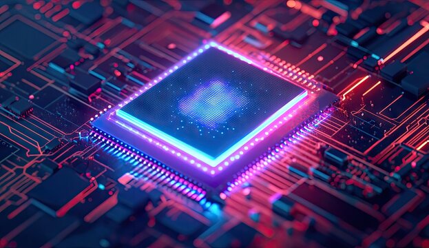 Close-up of a glowing CPU on a circuit board (1)