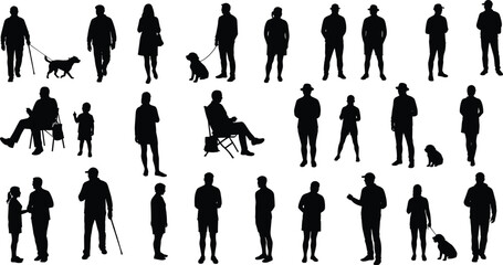 Silhouettes of people walking, sitting, standing, children with parents, pet dogs, urban lifestyle, family group, social interaction, diverse human activity