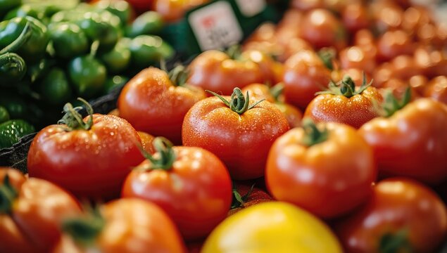 Fresh red tomatoes and green peppers at market - Powered by Adobe