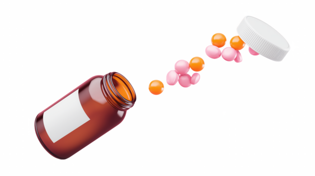 Amber bottle with scattered pills on pink