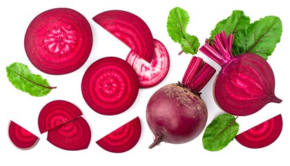 Overhead shot of vibrant beets, whole and sliced, revealing deep red flesh, alongside green leafy tops, all against white