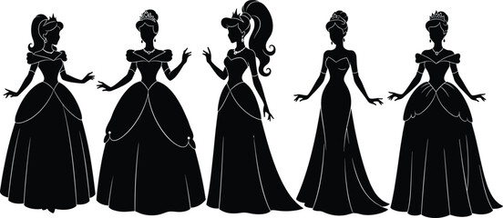 Elegant princess silhouettes in royal gowns, tiaras, and stylish poses, ideal for fairytale vector art, fashion design, invitations, or children’s stories.