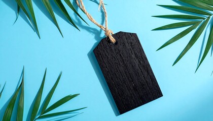 A black wooden tag suspended by a string, surrounded by green leaves
